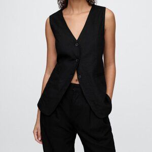 GAP Black Linen Blend Longline Vest Sleeveless Button Front Top SZ Large